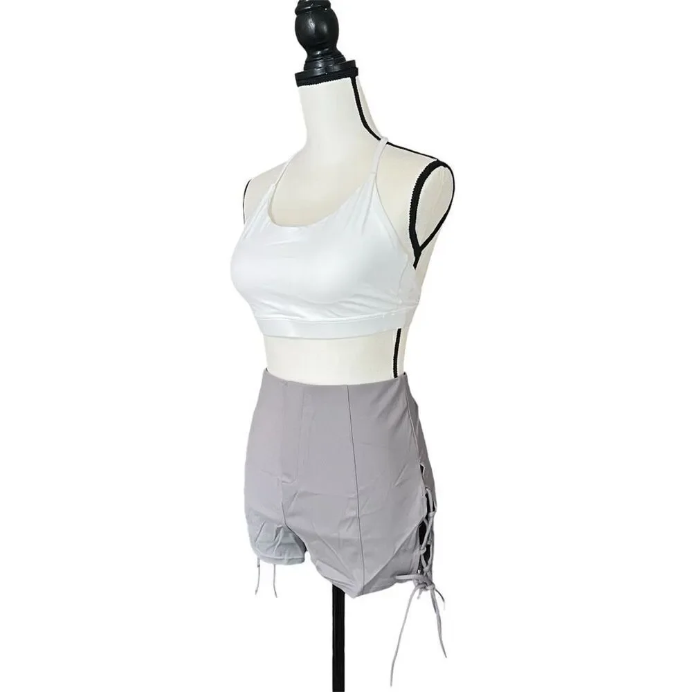 Halara Gray Lace Up High Waisted Shorts Side Tie Stretch Size L NWT